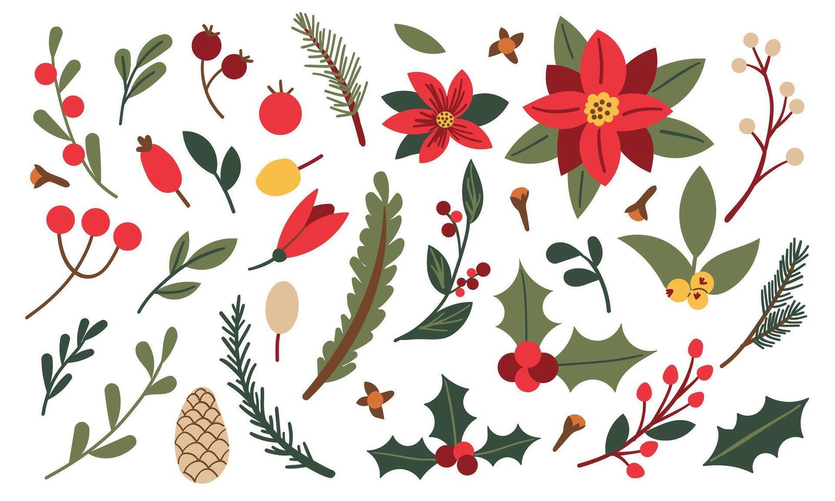 Winter berries , flower and leaves. hand drawn winter elements with leaf, fir, pine branches, berry. Christmas floral collection for invitations, greeting card, textile, fabric, posters. vector