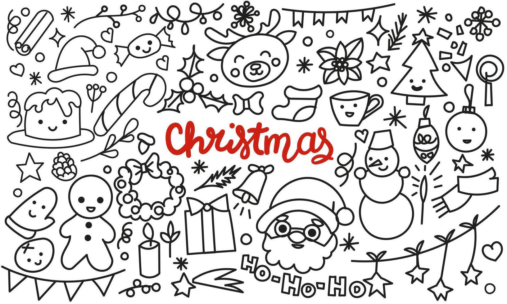 Christmas clipart collection. Christmas design elements in outline doodle style. Large set for Christmas, new year and celebrations. Hand drawn icons isolate on white. vector