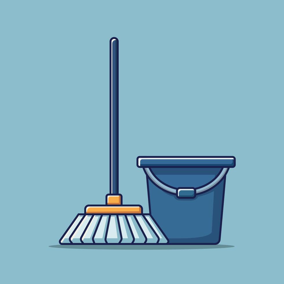Mop And Bucket Icon Illustration. Cleaning Tool Icon Concept Isolated Premium . Flat Cartoon Style vector