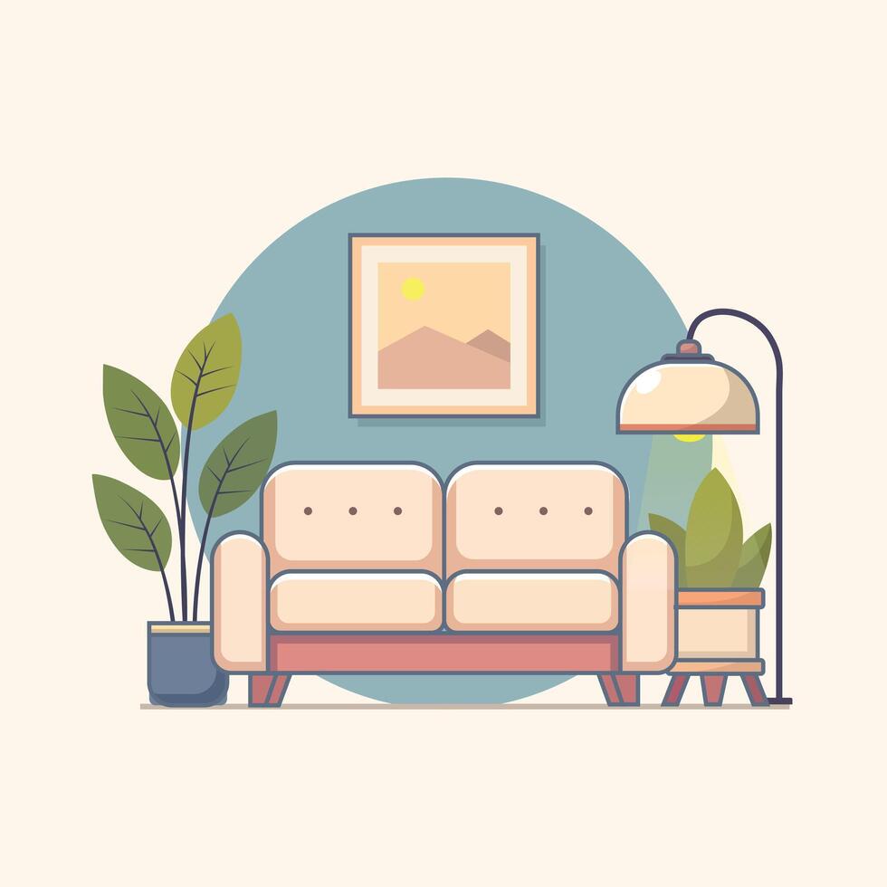 Sofa With Plant and Light Cartoon Icon Illustration. Interior House Icon Concept Isolated Premium . Flat Cartoon Style vector