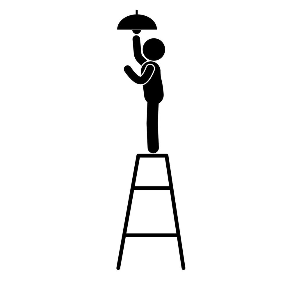 illustration of installing a light bulb with a ladder and chair vector