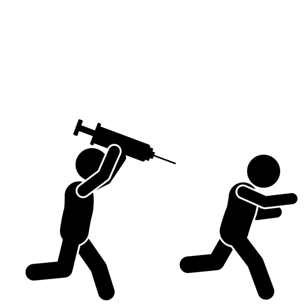 Stick figure illustration running with vaccine injection vector