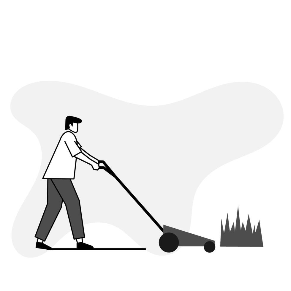illustration of flat character mowing grass with lawn mower vector