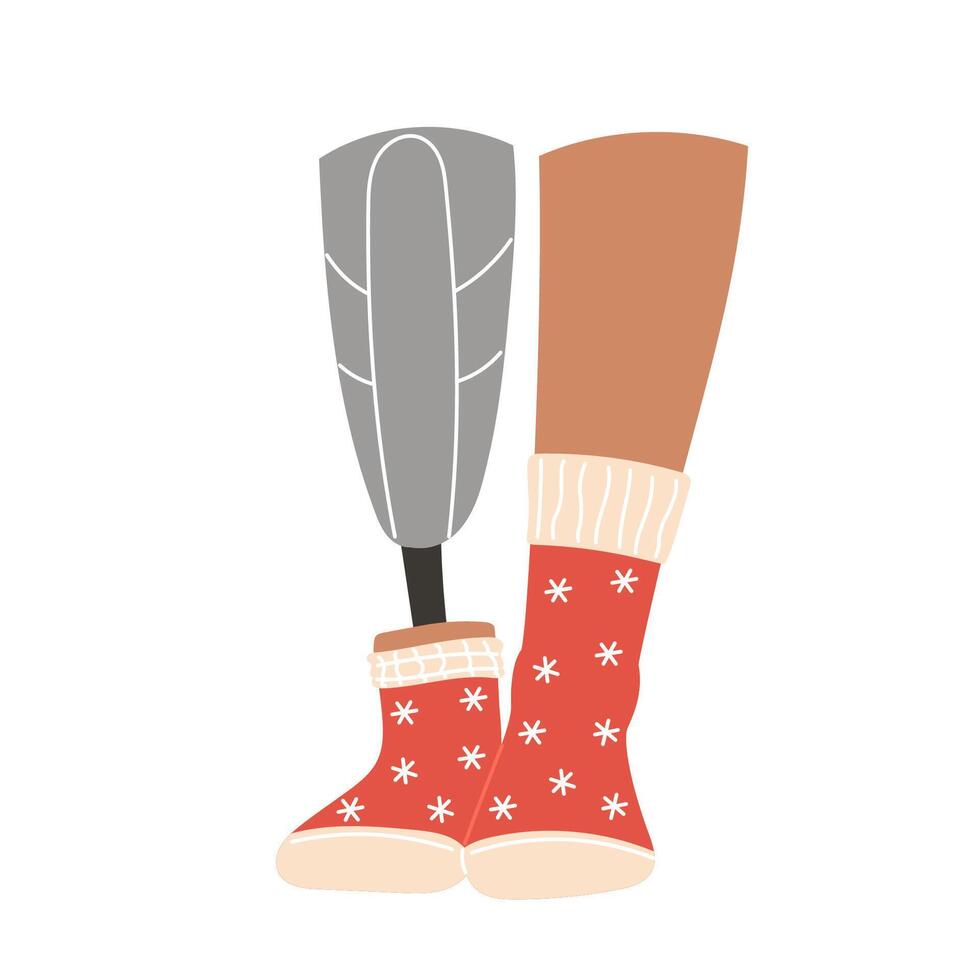 Red Christmas Socks with Snowflakes on Leg and Prosthetic vector