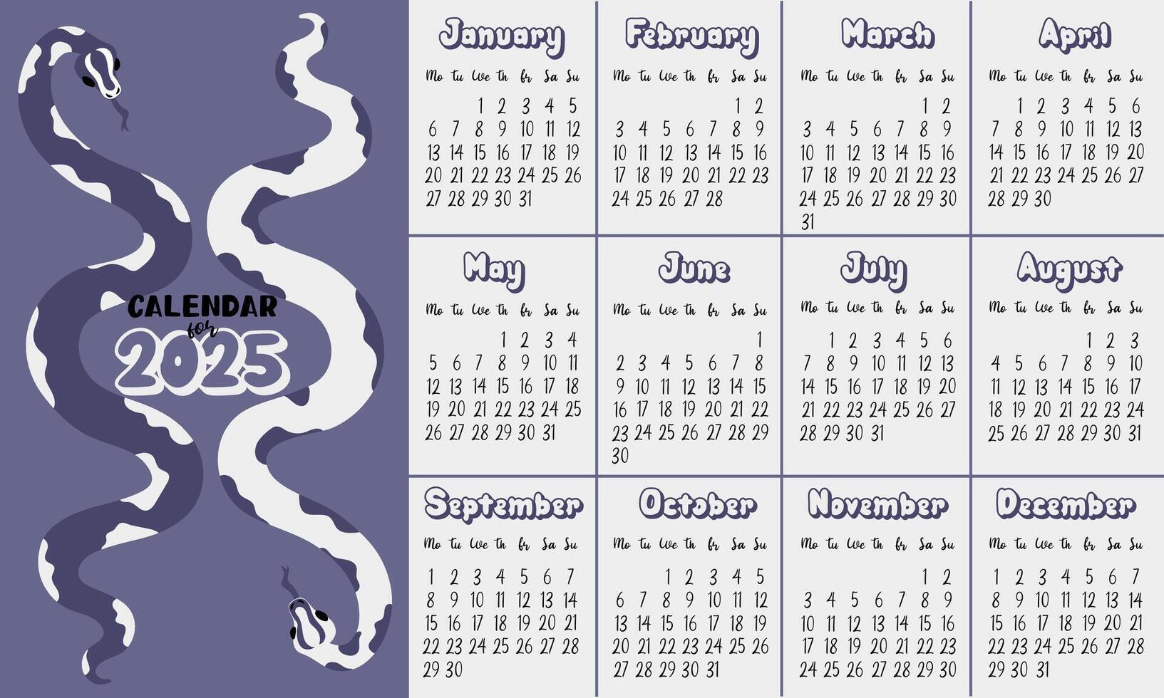 2025 calendar layout with modern geometric snakeskin patterns in future dusk tones. Two snakes side by side. Minimalistic flat design on white and on blue for planning. The template for printing vector