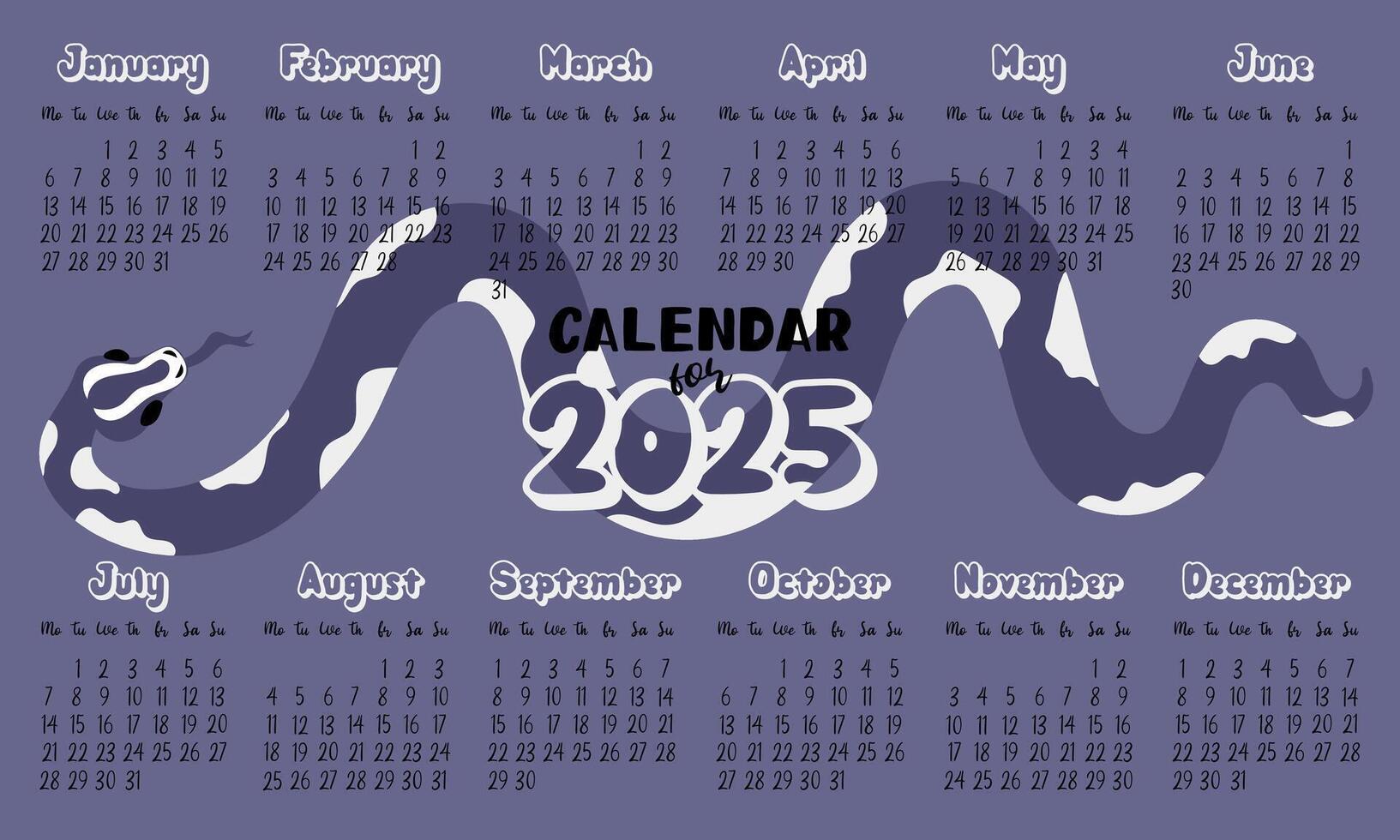 A 2025 calendar layout with modern geometric snakeskin patterns in future dusk tones. A big snake is crawling. Minimalistic flat design with dark background for planning. The template for printing vector