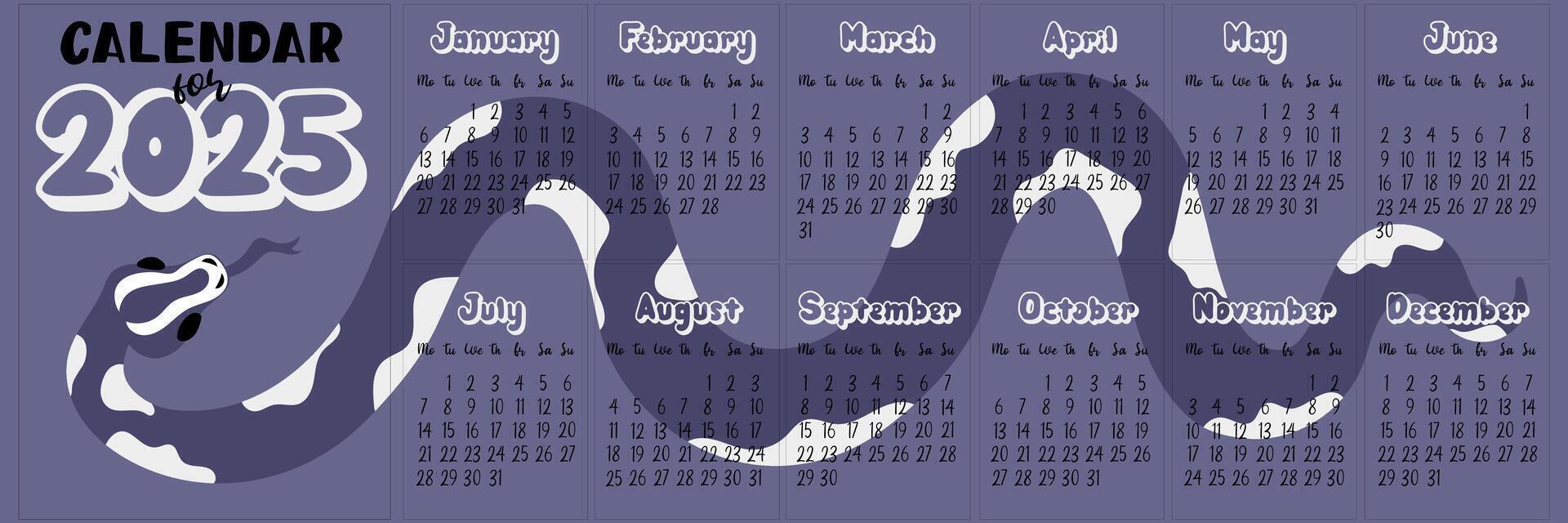 2025 calendar layout with modern geometric snakeskin patterns in future dusk tones. Minimalistic flat design with dark background for planning. The template for printing vector