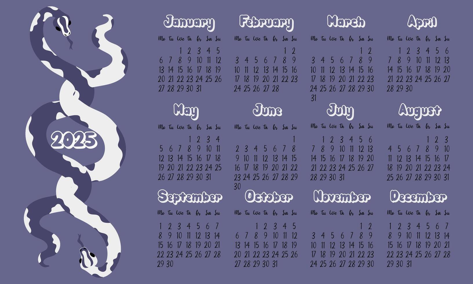 layout of the calendar for 2025 with modern snakeskin patterns in future dusk tones. Two snakes are entwined together. Minimalistic flat design with dark background for planning. Template for printing vector