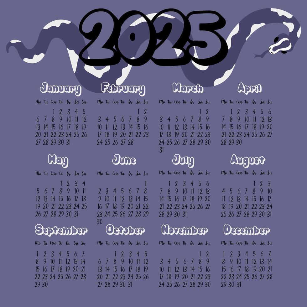 A 2025 calendar layout with modern geometric snakeskin patterns in shades of future twilight. Minimalistic flat design with dark background for planning. The snake hides behind the numbers. template vector
