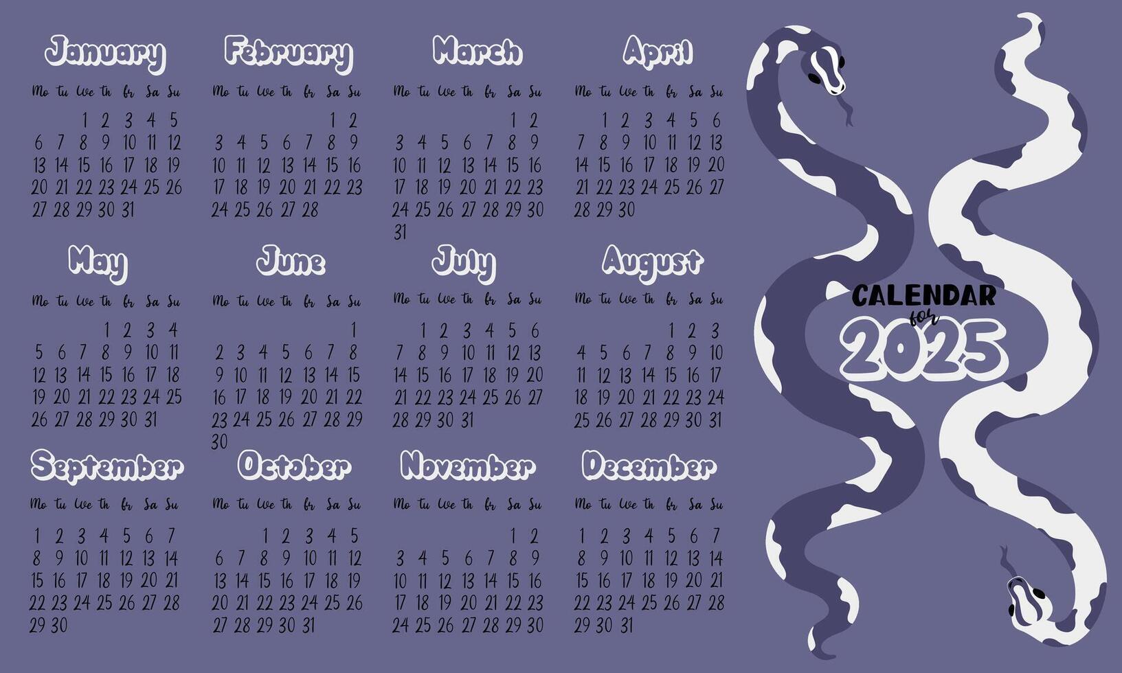 A 2025 calendar layout with modern geometric snakeskin patterns in future dusk tones. Two snakes side by side. Minimalistic flat design with dark background for planning. The template for printing vector
