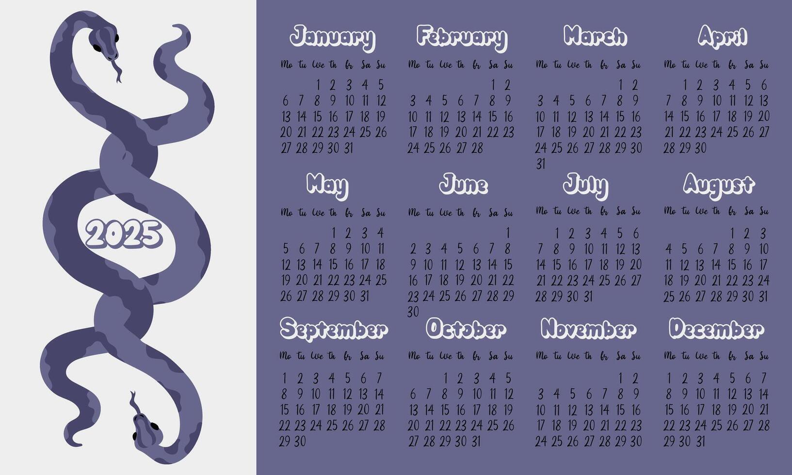 2025 calendar layout with modern geometric snakeskin patterns in shades of future twilight. Two snakes intertwined. Minimalistic flat design on white for planning. Template for printing is horizontal vector