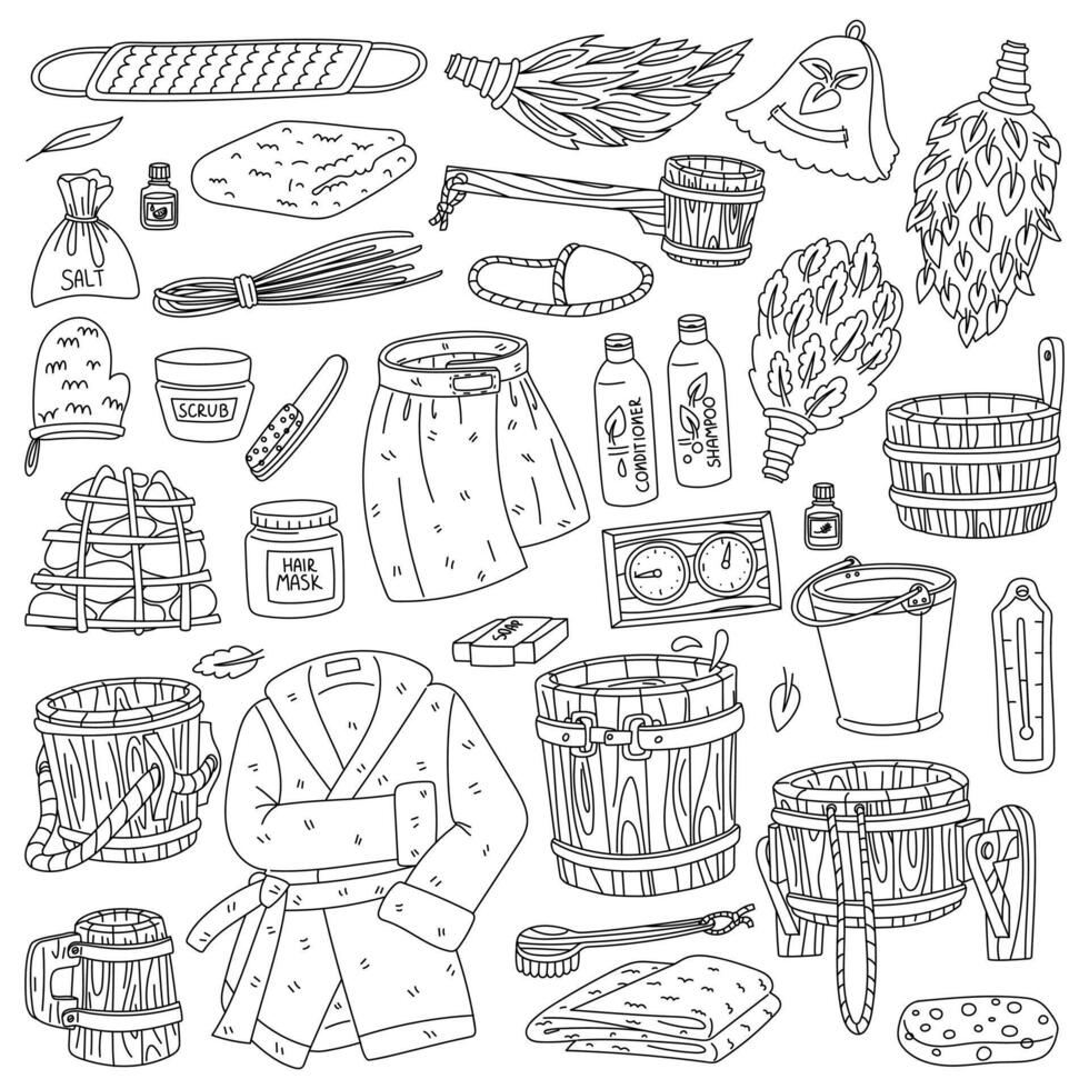 set of doodle accessories for baths and saunas. a wooden ladle, a bucket of water for wellness, a massage broom made of green leaves, coals, a cap, a thermometer, a bathrobe, a washcloth, pumice stone vector