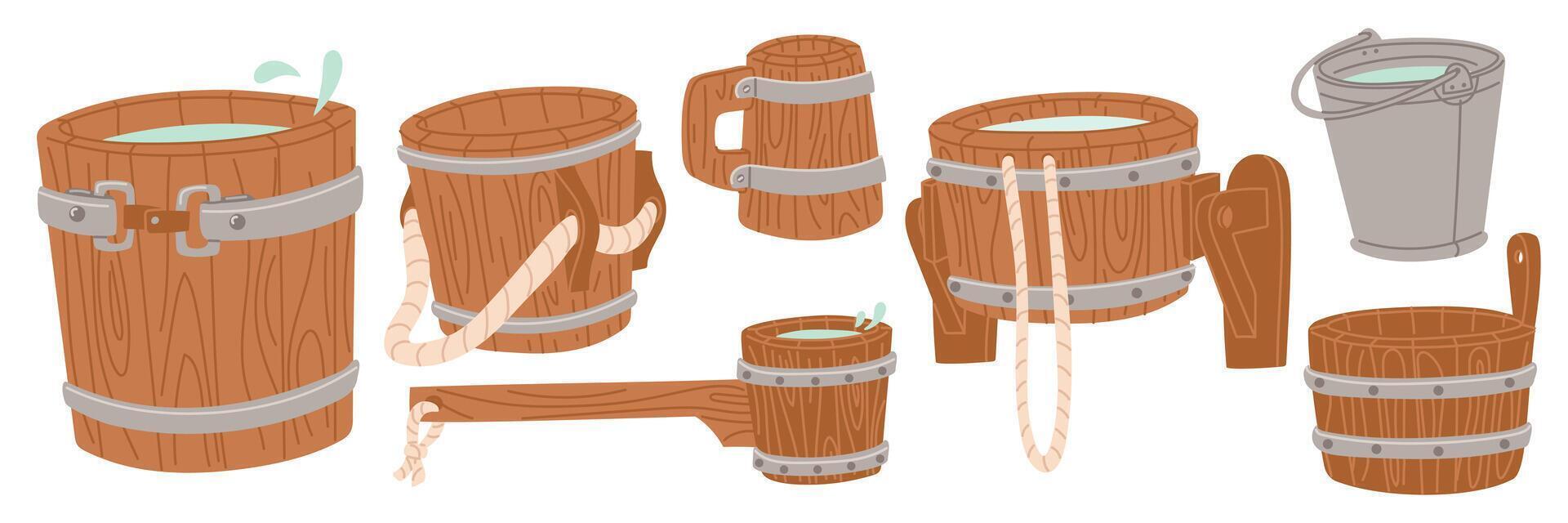 Wooden buckets, buckets, barrels with and without water. container with running water, an empty bucket for a spa, sauna. An iron bucket, wooden ones with a rope. Items for storing water. illustration vector