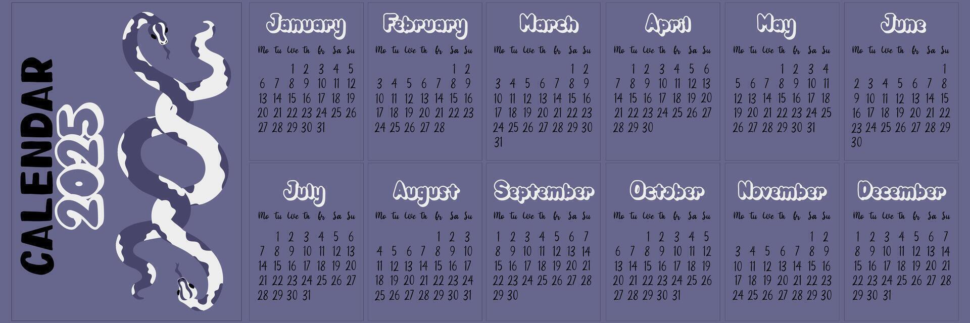 2025 calendar layout with modern geometric snakeskin patterns in shades of future twilight. Two snakes are intertwined. Minimalistic flat design with dark for planning. template printing is horizontal vector