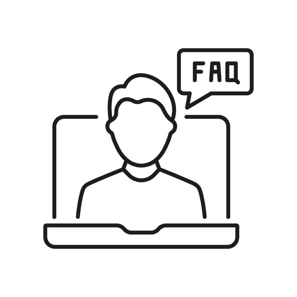 Man on Call with FAQ Bubble Line Icon for Online Support and Communication. Conference, Virtual Support Services Symbol. Editable Stroke. Isolated Illustration vector