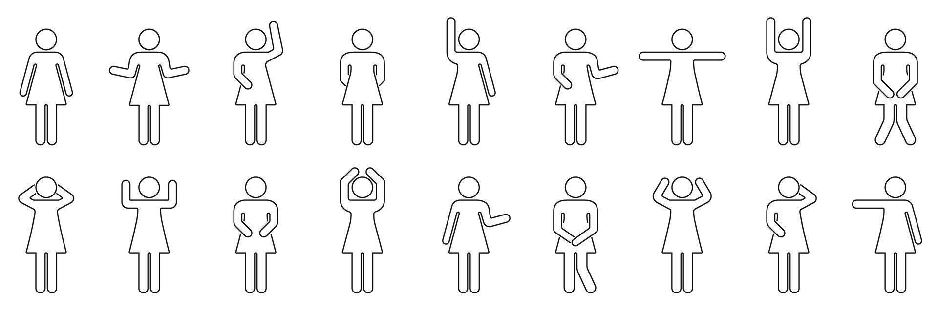 Woman Stick Figure with Different Gestures and Poses Outline Symbol. Human Figure Line Icons Set in Various Poses. Editable Stroke. Isolated Illustration vector