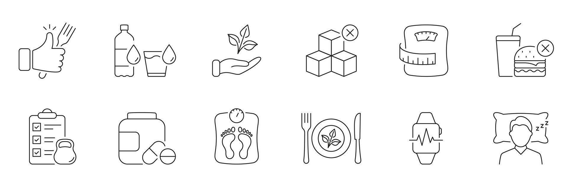 Healthy Living and Nutrition Line Icon Set, Featuring Diet, Hydration, and Wellness Symbols. Exercise and Weight Management Pictogram. Editable Stroke. Isolated Illustration vector