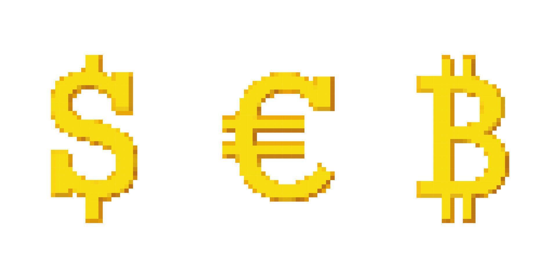 Pixel Art Coins of Dollar, Bitcoin, and Euro. Golden Retro Pixelated Currency Coins Icon Set. Isolated Illustration vector