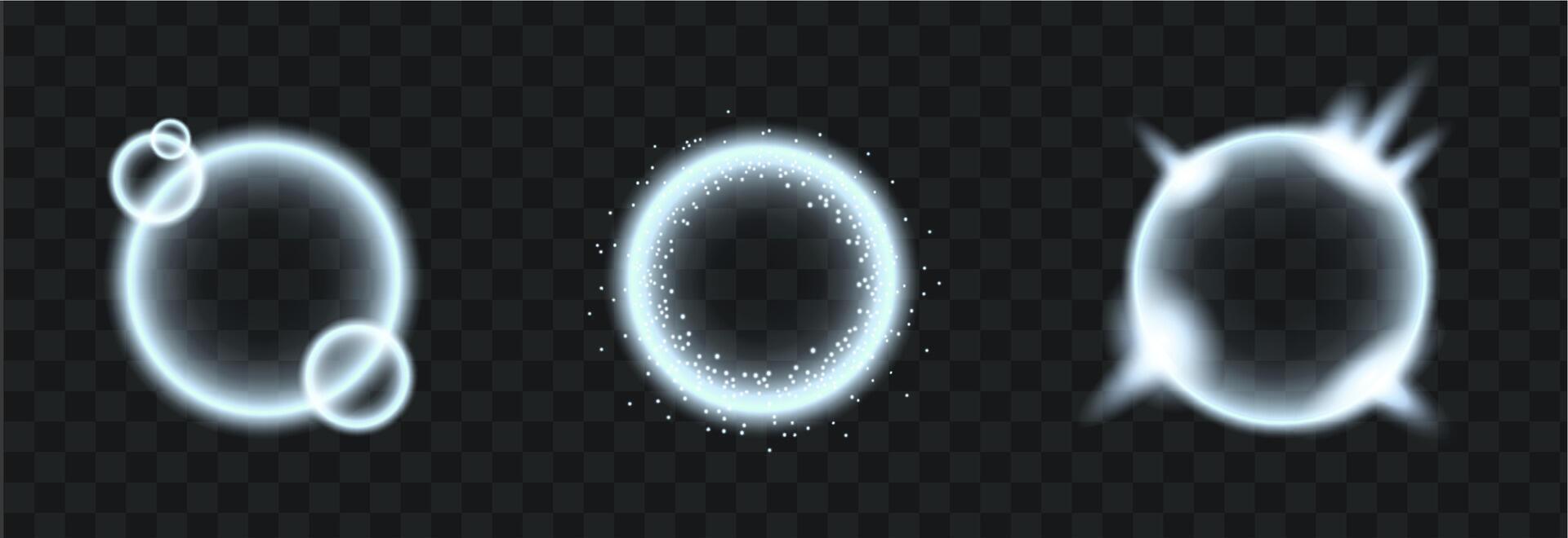 Glowing silver round frames. Isolated white transparent lights, lens flare, explosion, glitter and dust, spark and stars, spotlight and frames. Abstract effect. vector