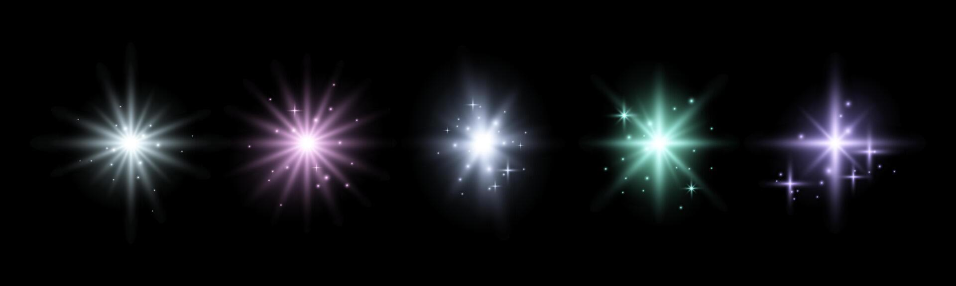 Set of glowing sparkles and stars, shining bursts with glitters and sequins around. Group of light effects on the black background. illustration. vector