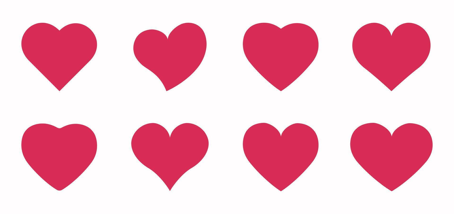 Set of red flat simple hearts, valentine's, Valentine Day decorations, application buttons, like signs and symbols, logos, emblems, illustration. vector