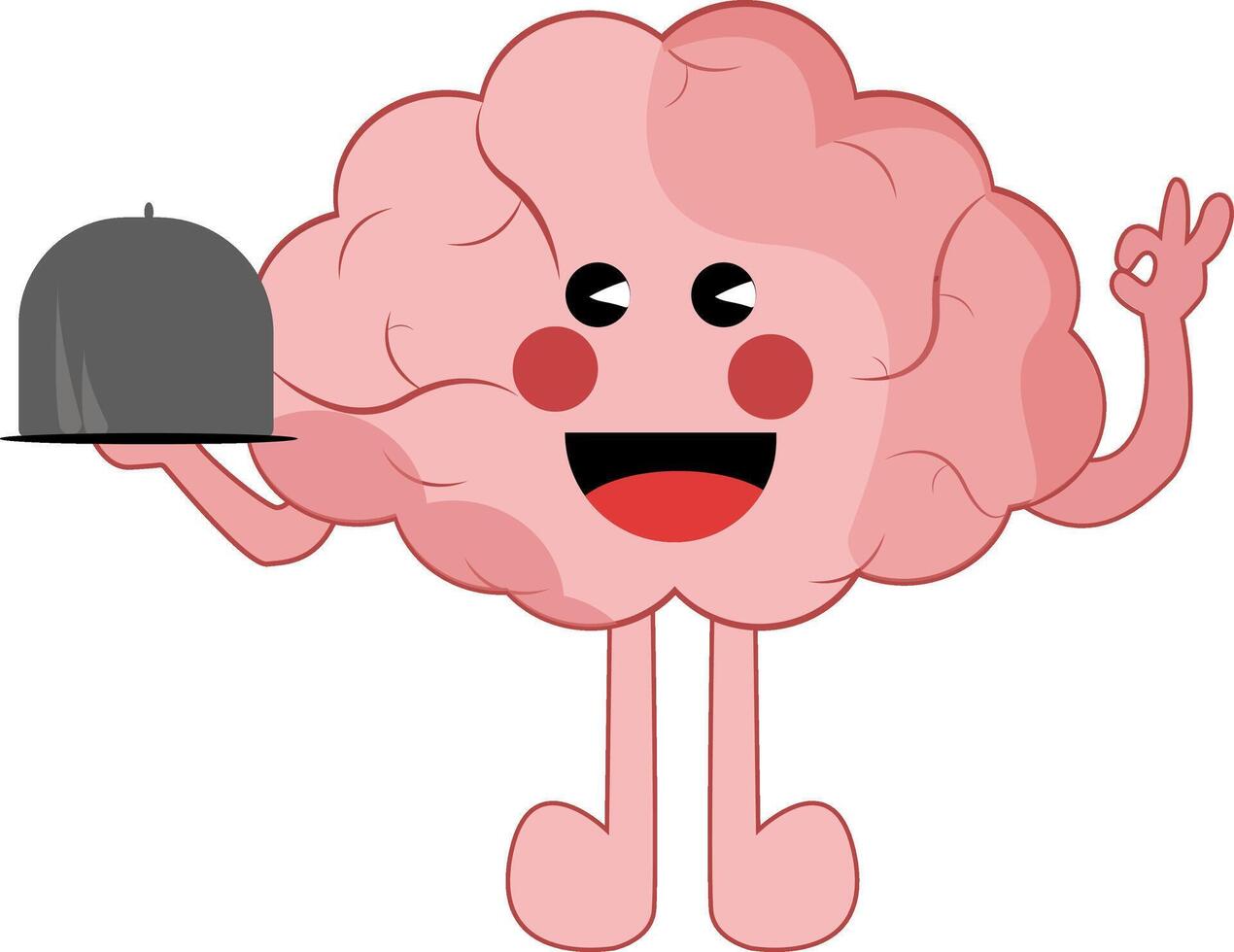 cute brain cartoon holding a plate on the right hand, perfect to sticker mascot logo vector