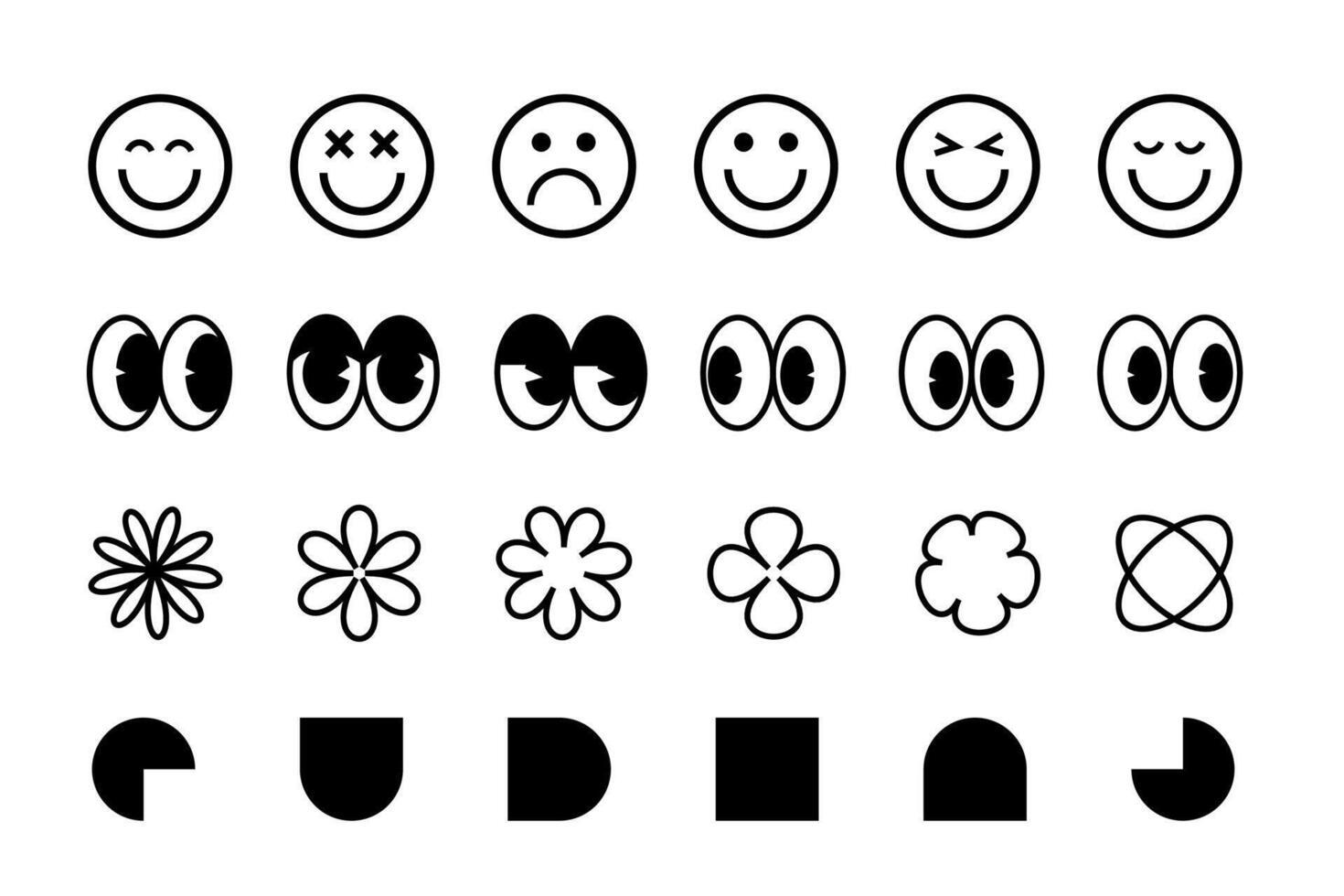 Retro shapes, smileys, faces, graphic design elements y2k, collection of graphic geometric shapes, signs and symbols of 2000s boho brutalism Y2K. vector