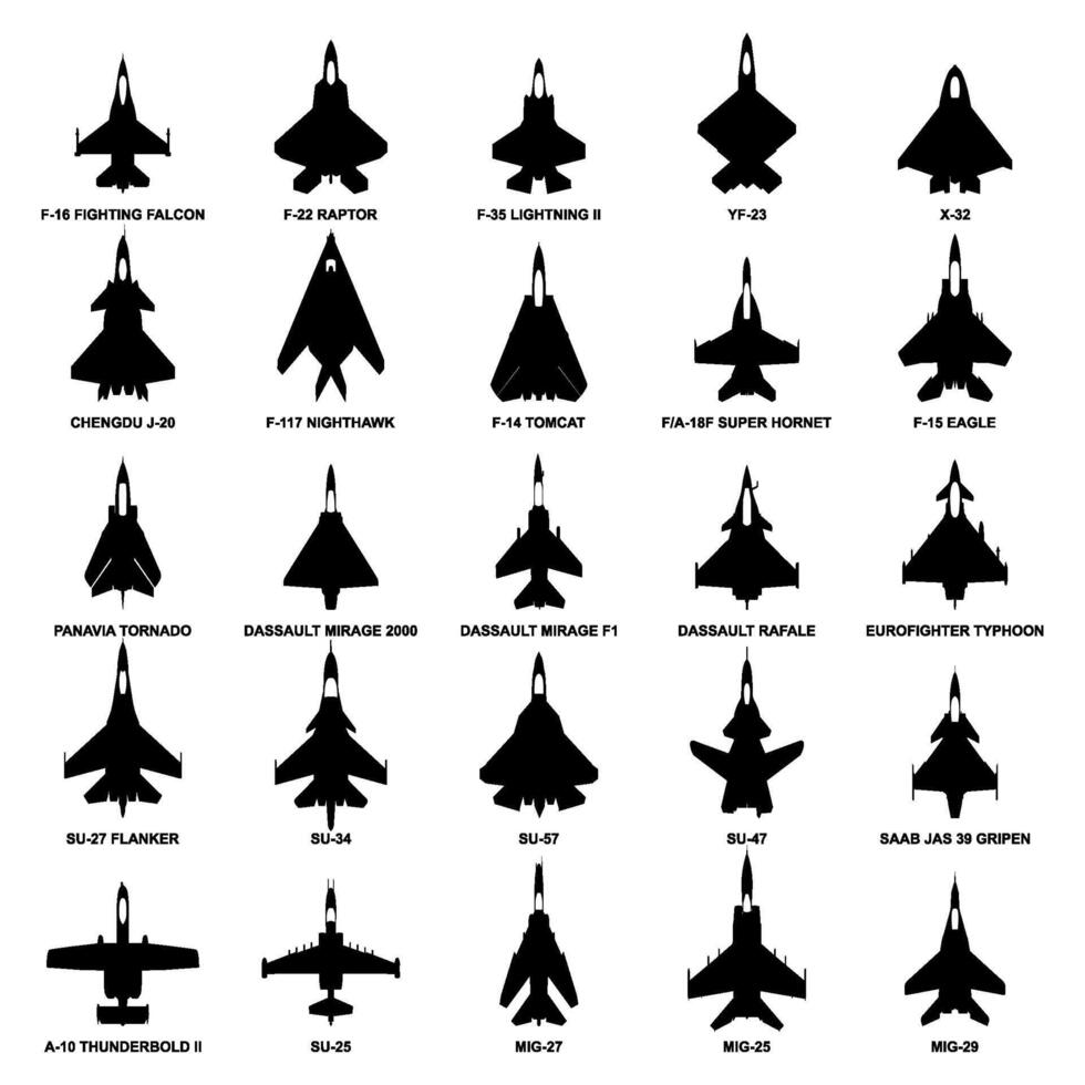 military jet aircraft top view icon set silhouette airplanes vector