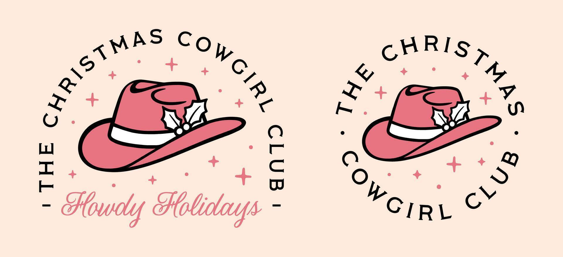 Christmas cowgirl club howdy Holidays badge pack bundle cowboy hat illustration western country girl pink aesthetic retro girly disco party squad crew sticker shirt design vector