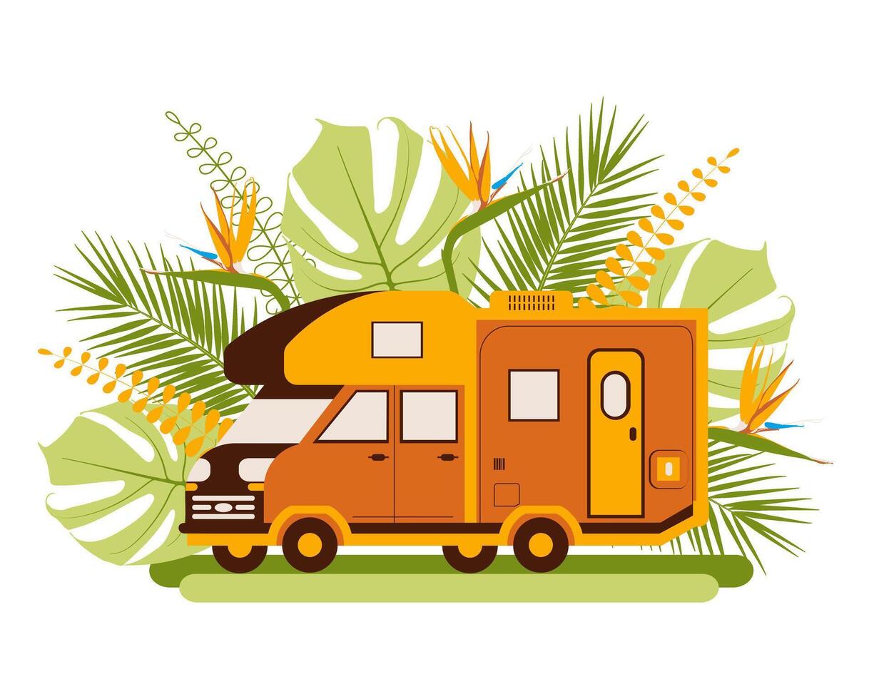 illustration of an orange and yellow camper van surrounded by tropical plants representing a summer camping theme. vector