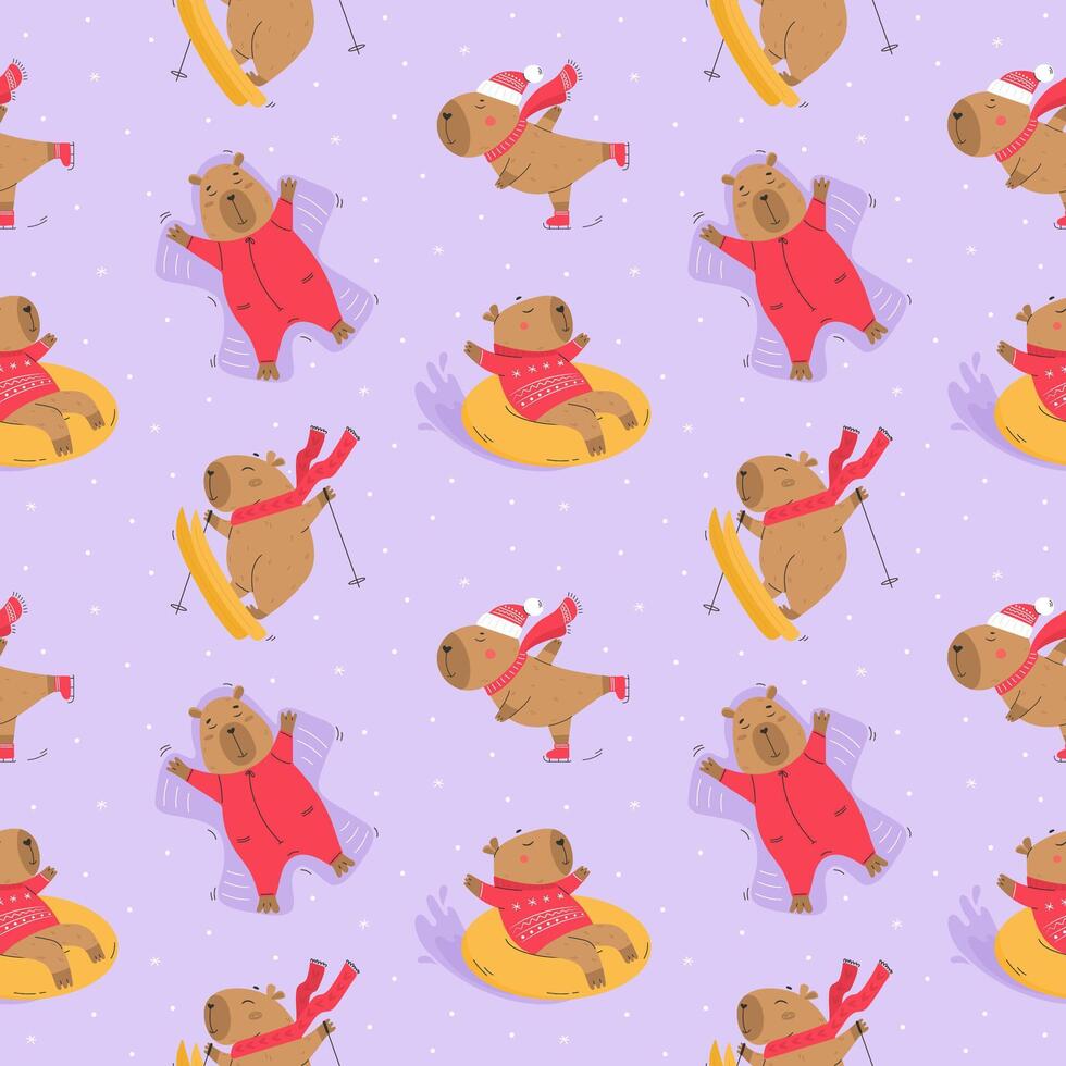 Winter sport activities pattern with capybaras vector