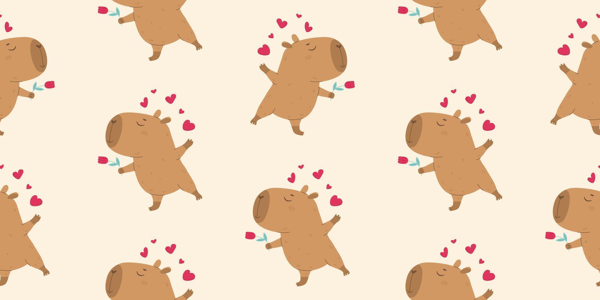 Funny lovely capybara with flower seamless pattern vector