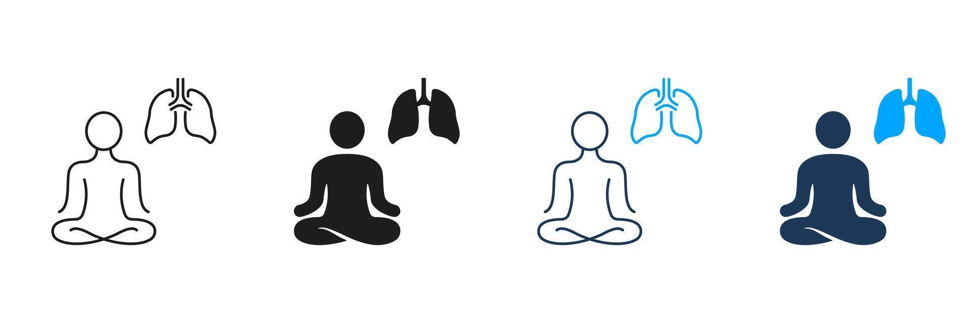 Person Do Yoga, Deep Breath Exercise Line and Silhouette Icon Set. Mindfulness Pictogram. Relaxation, Wellness Symbol. Human Lung and Lotus Pose. Editable Stroke. Isolated Illustration vector