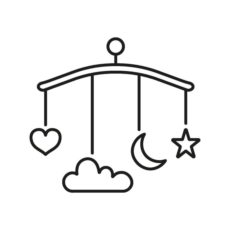 Baby Mobile with Heart, Moon, Stars Line Icon. Nursery Sleep Aid Outline Symbol. Infant Crib Mobile. Nursery Decoration for Bedtime, Hanging Decorations. Editable Stroke. Isolated Illustration vector