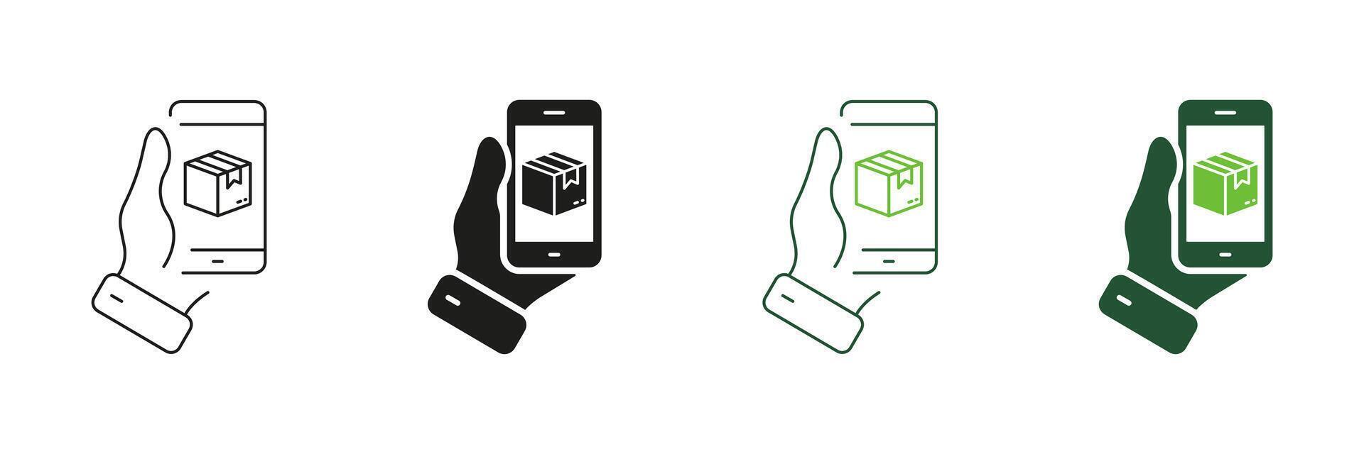 Ecommerce, Online Delivery Service Line and Silhouette Icon Set. Purchase Shipping Symbol. Mobile Phone with Box Sign in Human Hand. Editable Stroke. Isolated Illustration vector