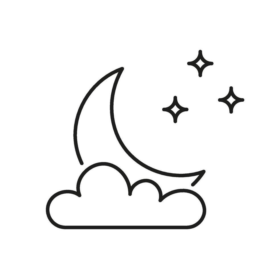 Crescent Moon with Cloud and Stars Line Icon. Peaceful Nighttime Sky Outline Symbol. Editable Stroke. Isolated Illustration vector