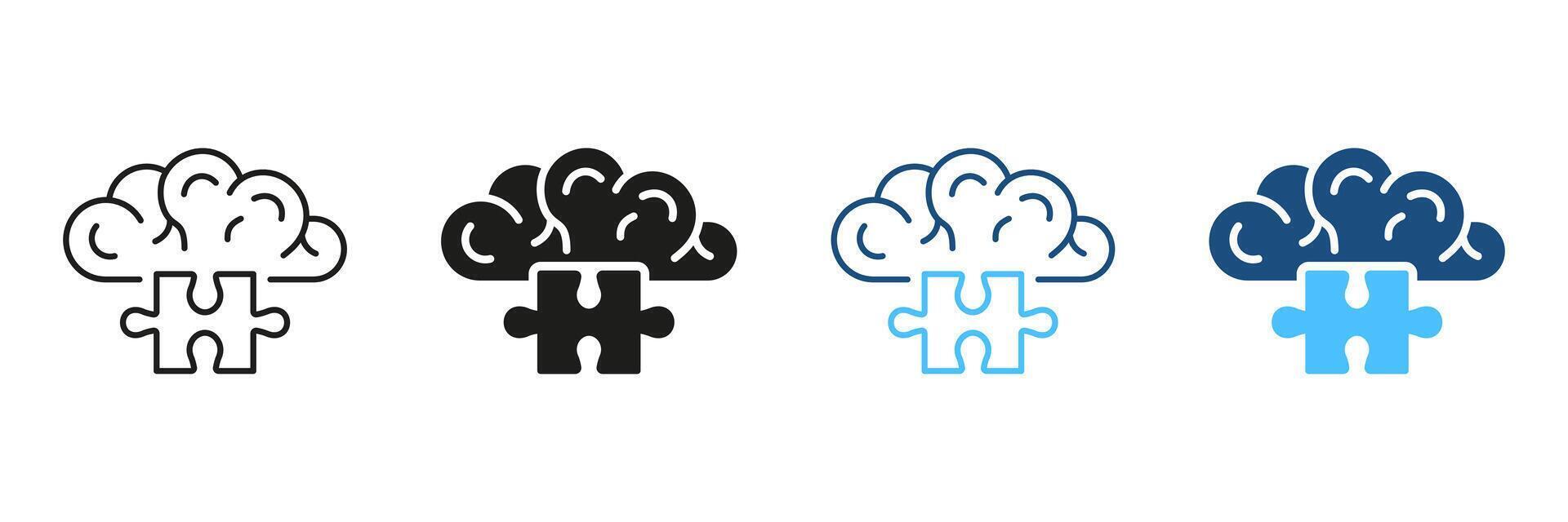 Jigsaw, Creative Human Mind Concept. Puzzle and Brain Line and Silhouette Icon Set. Idea, Memory, Education Sign. Editable Stroke. Isolated Illustration vector