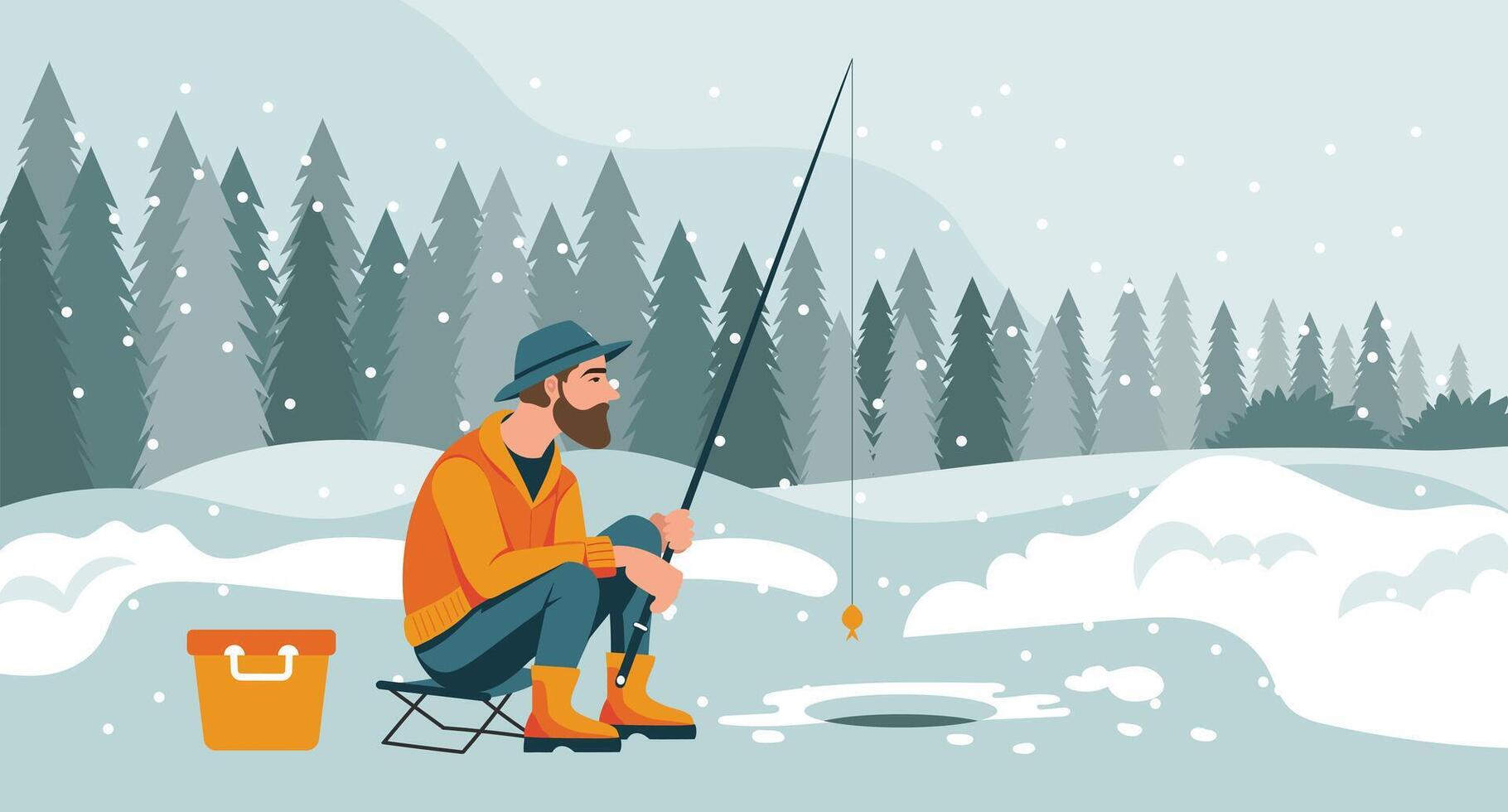 Man on winter fishing. Fisherman with a fishing rod on the background of a winter landscape. Hobby concept. vector