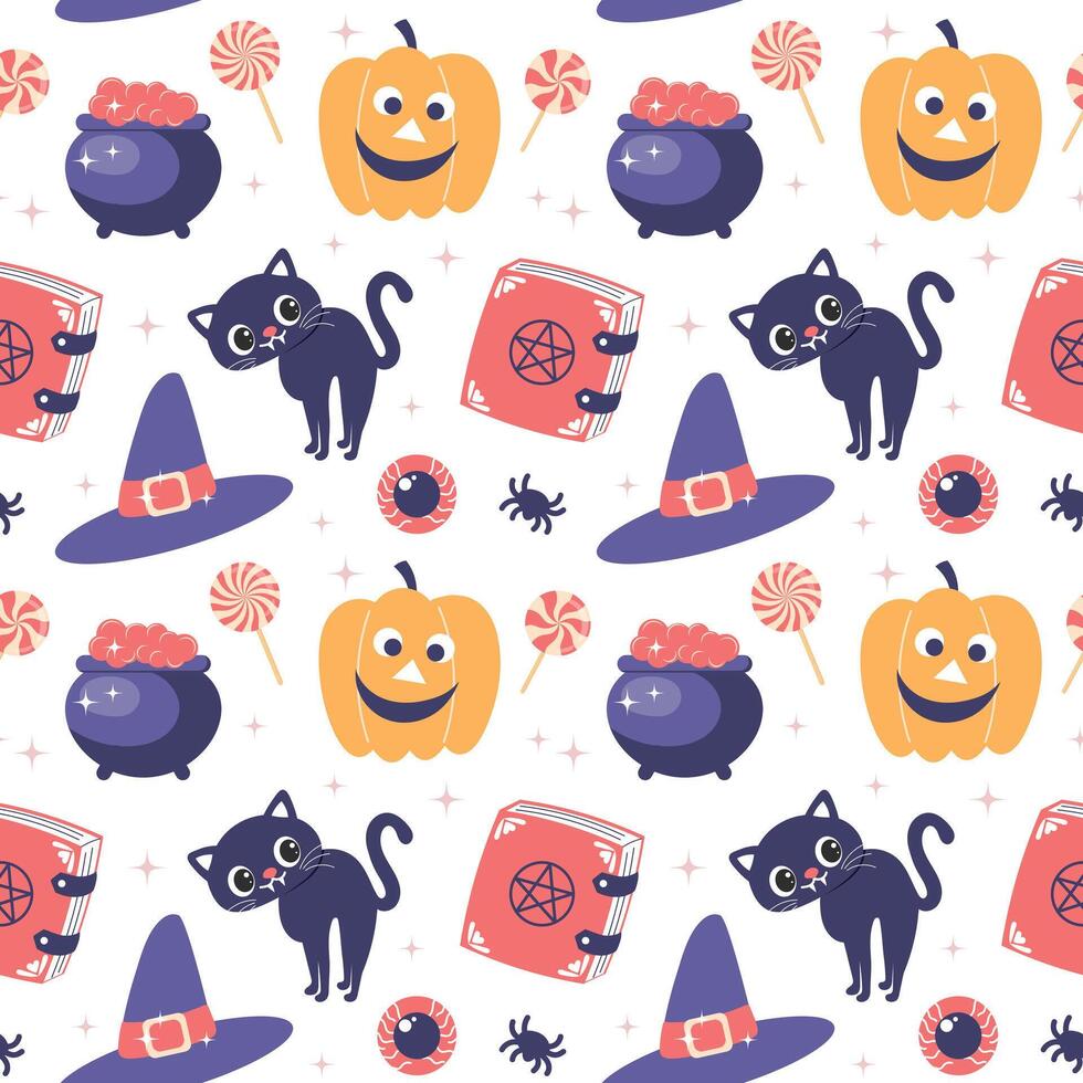 Halloween seamless pattern with cute cats, pumpkins, witch hats and cauldrons. Flat style illustration vector