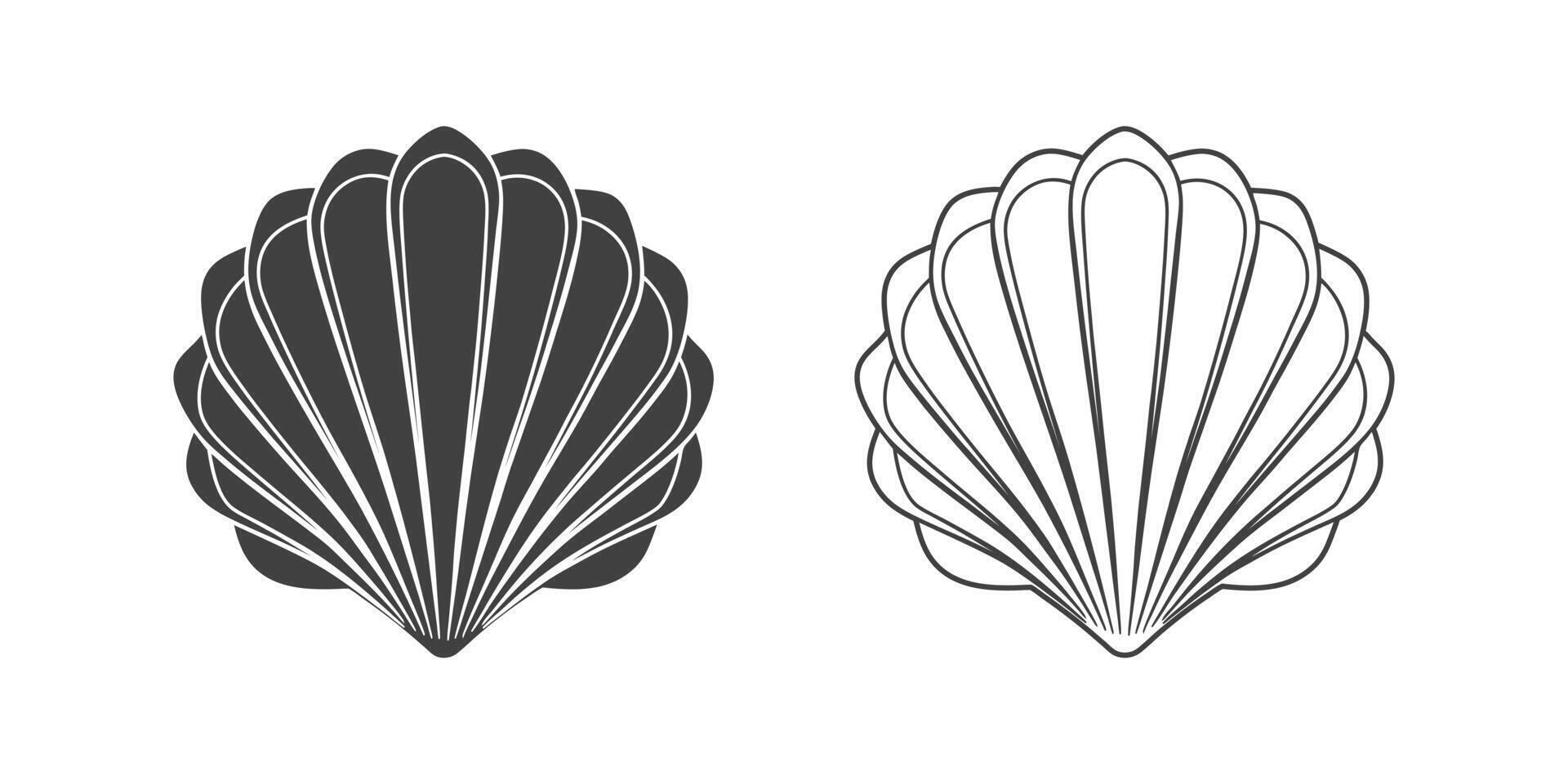 Scallop seashell silhouette and contour drawing of a scallop on a white background. vector