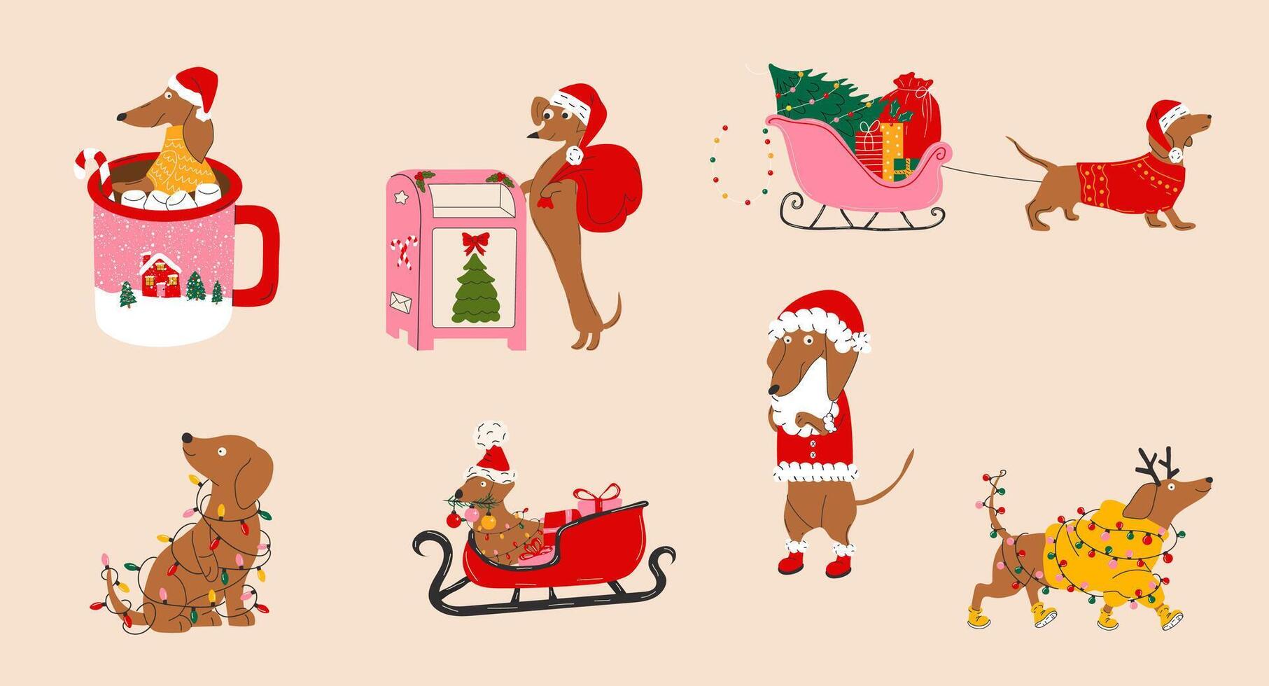 Set of dachshund dogs with christmas decorations. Happy holiday vector