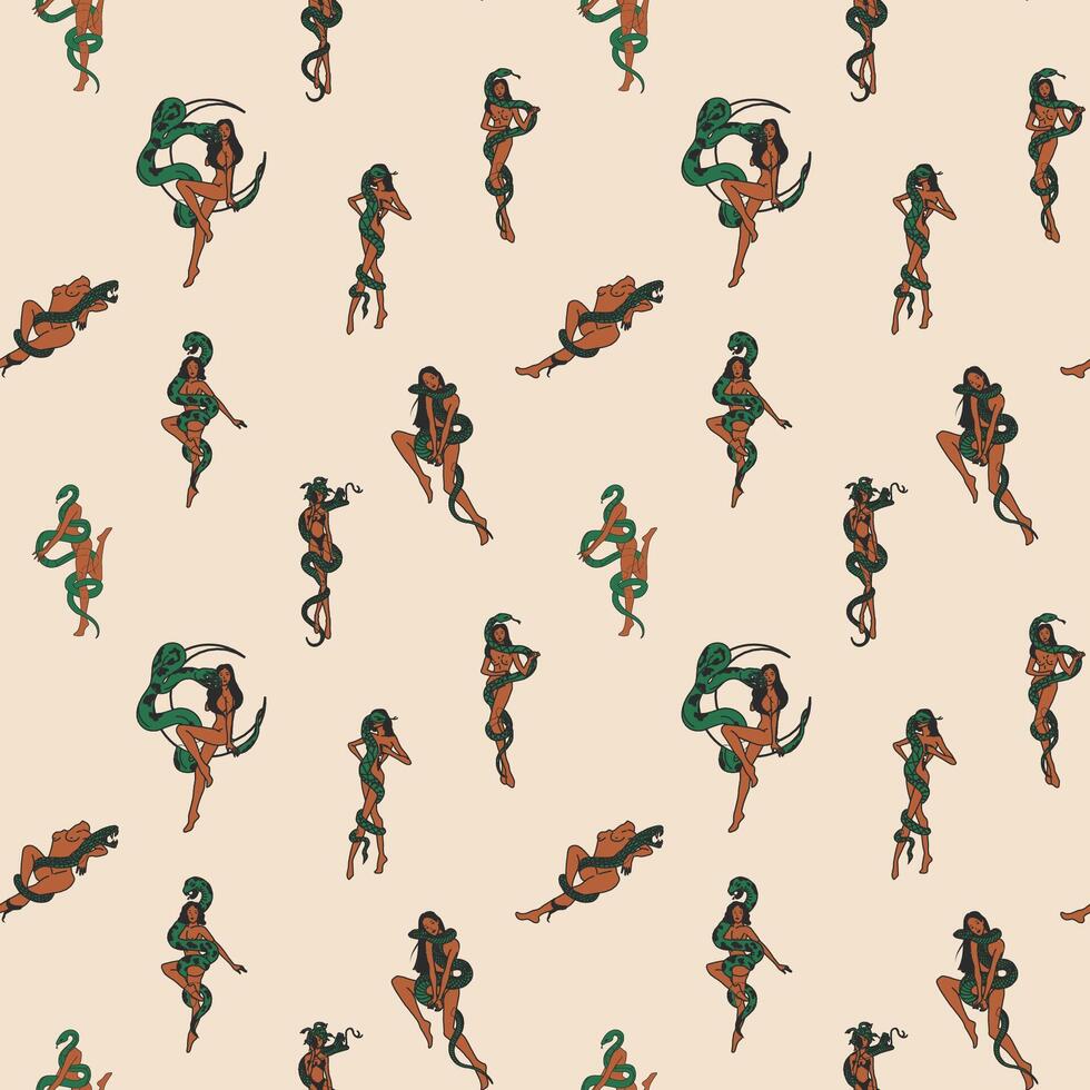 Seamless pattern with women with a snake wrapped around her body. Moon. Cute ladies. Retro style. vector