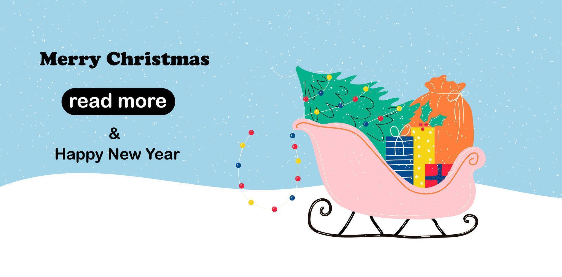 Web page design template. Christmas sleigh with gifts and Christmas tree. vector