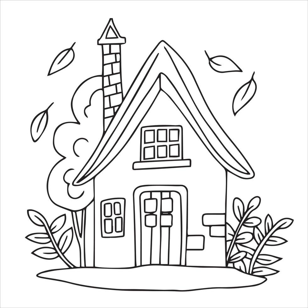 cute fairytale house. cozy autumn house, doodle coloring book vector