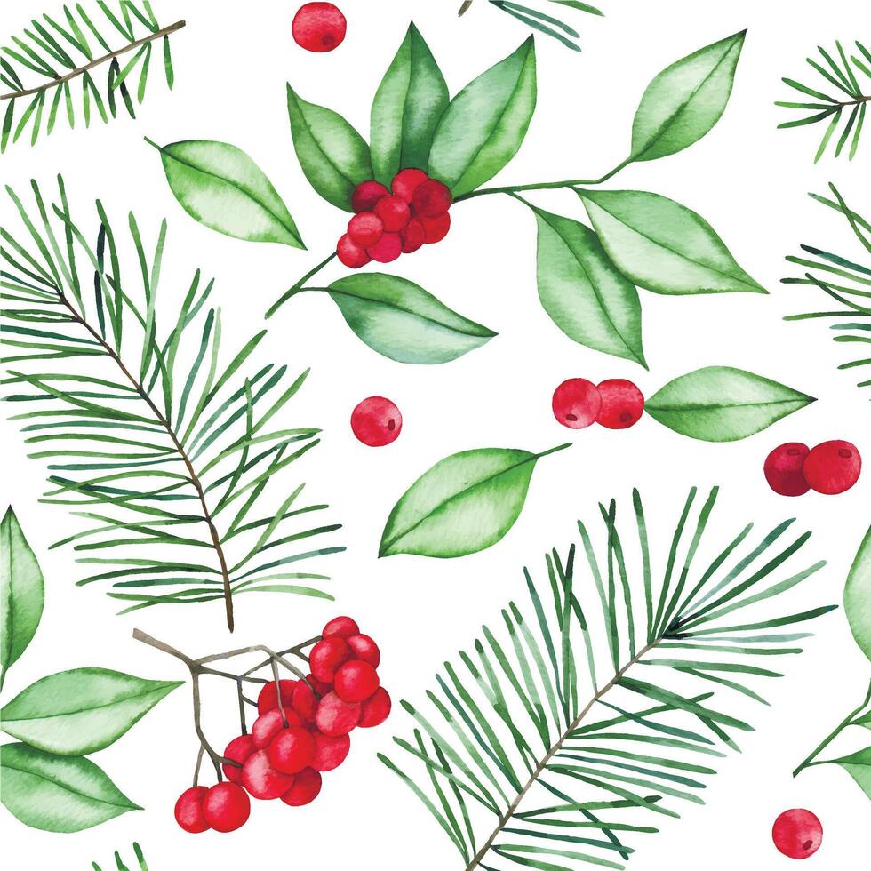 watercolor seamless Christmas pattern with fir branches and holly leaves and berries vector