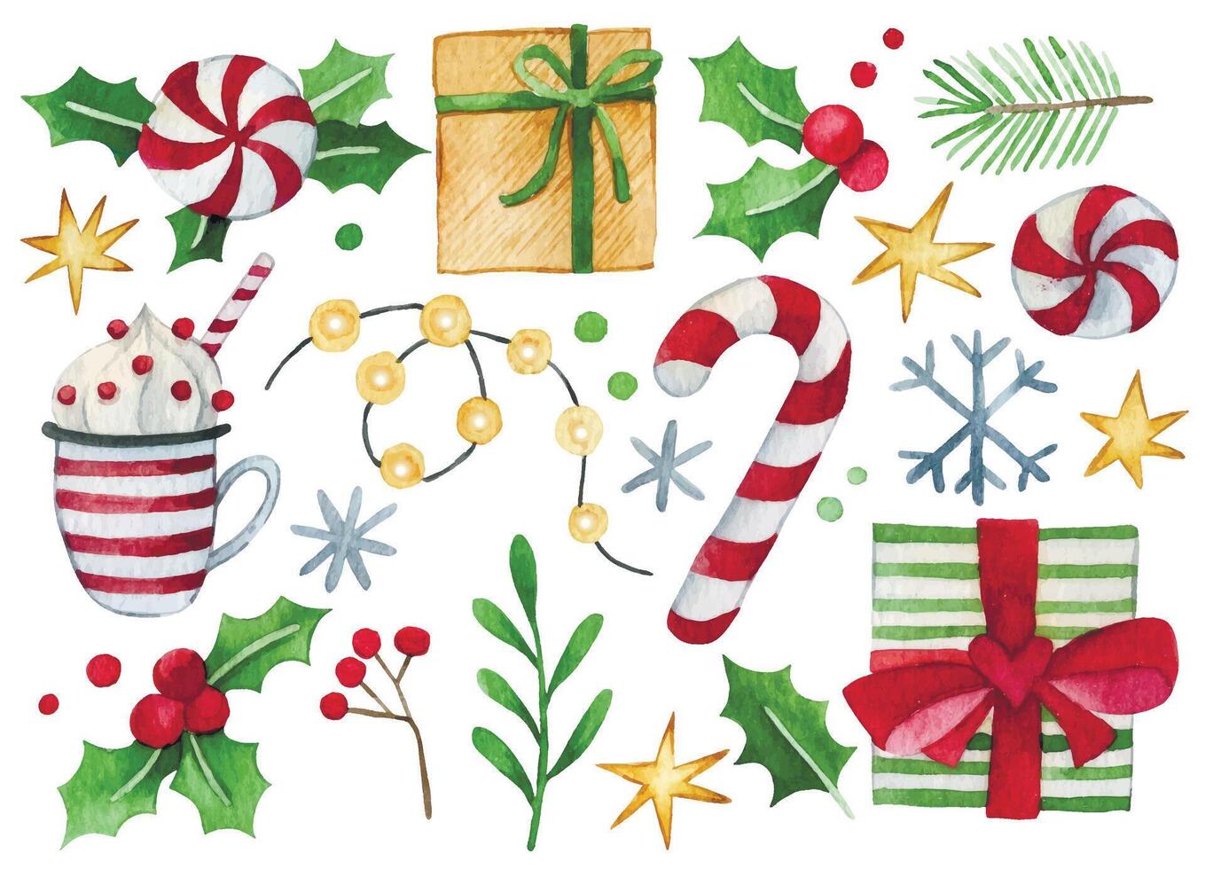 cute watercolor christmas elements set. hot chocolate, sweets, gifts. vintage vector