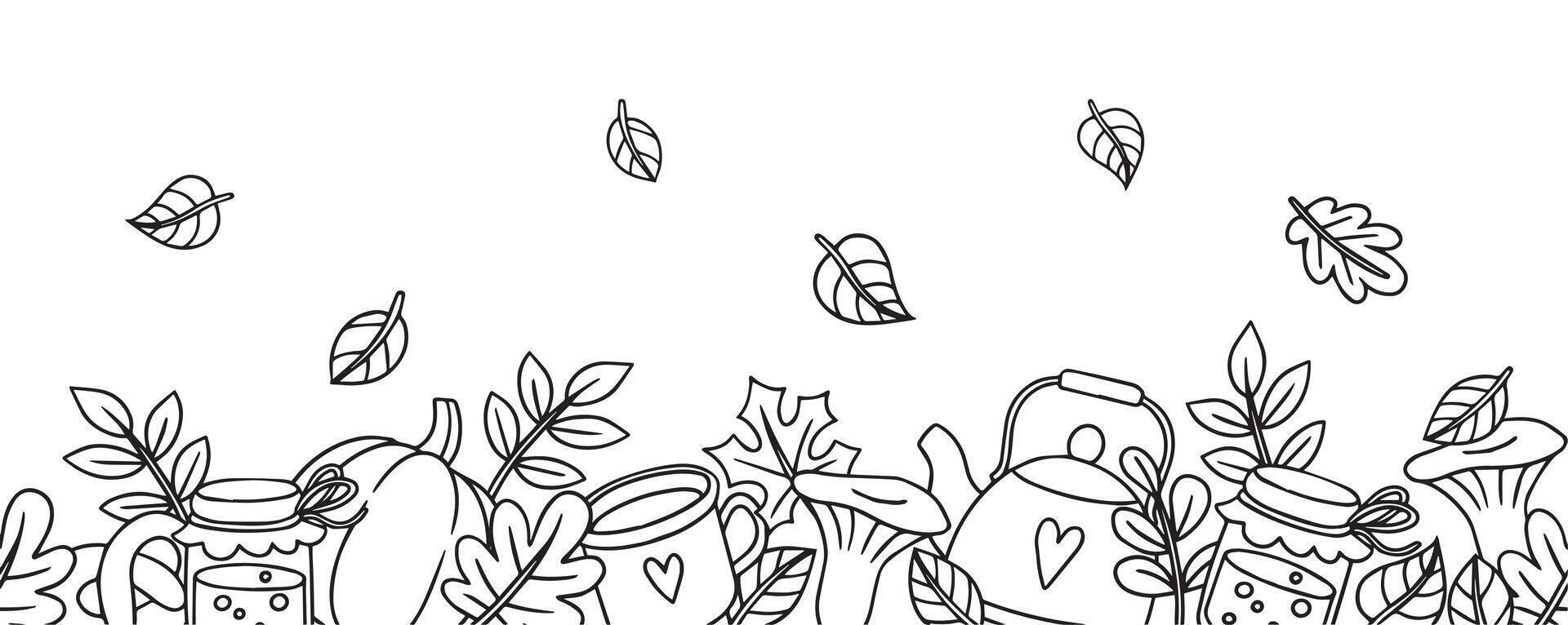 seamless border with cute autumn items. Cozy autumn coloring book vector