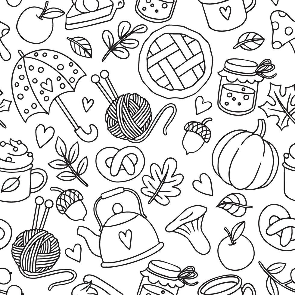 seamless pattern of autumn elements. doodle style, coloring book. cozy autumn vector