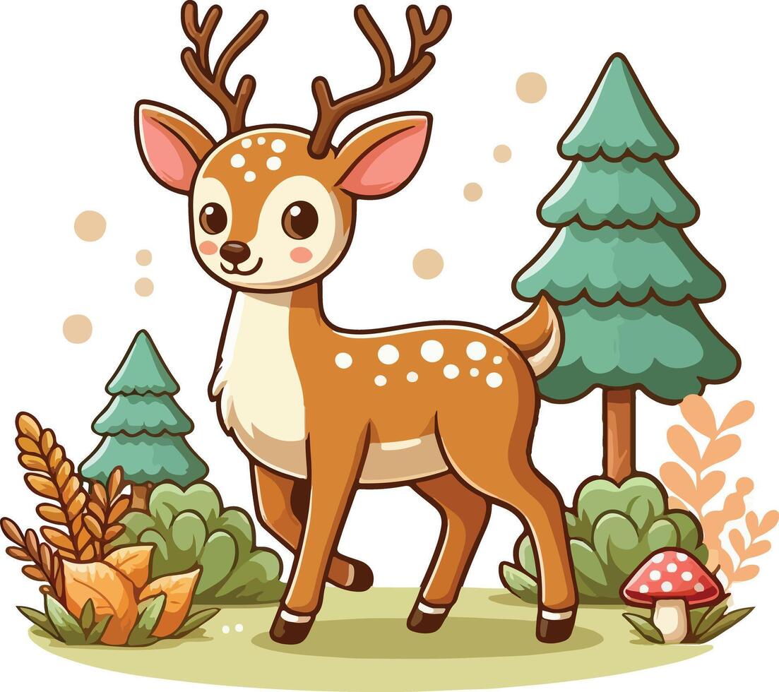 Cute baby deer and christmast tree vector