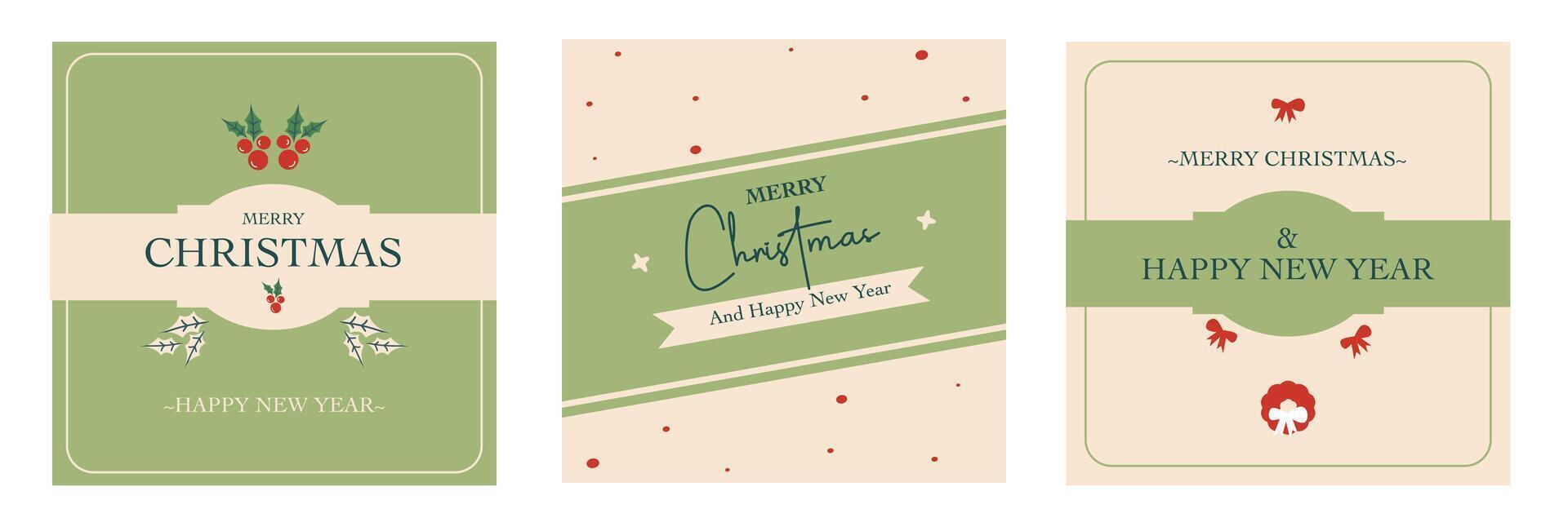 Minimalist Merry Christmas and Happy New Year flat set template with calligraphy illustration and green background for seasonal sale banner, greeting card, poster, cover, web, social media post, flyer vector